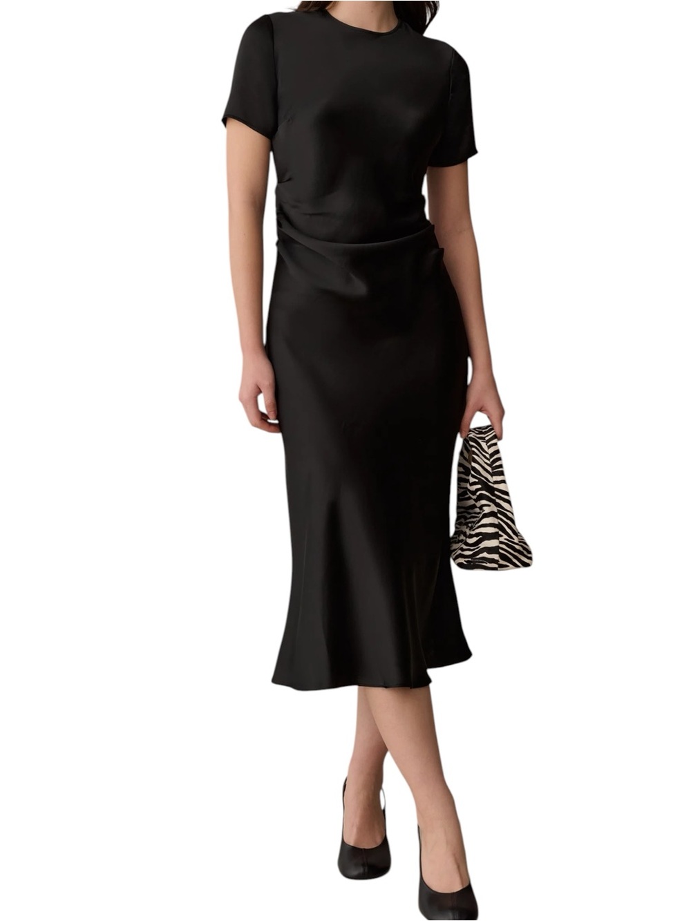 Few Moda o.p.t. Nessa Cocktail Dress Black Short-Sleeve Satin Midi NWT